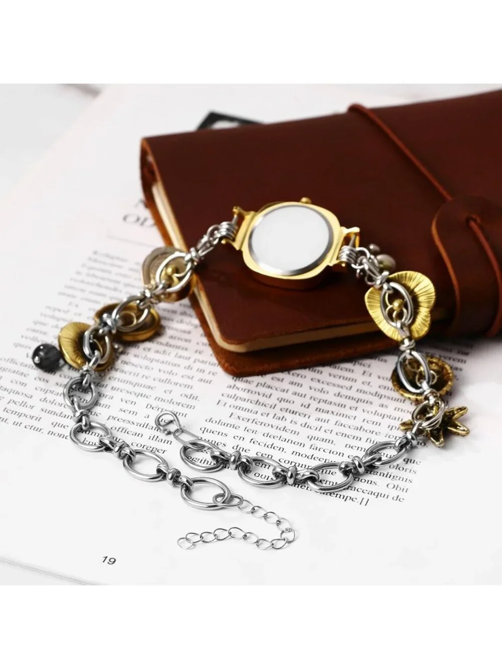 Women Silver Quartz Square Dial Seashell Starfish Imitation Ocean Necklace Watch